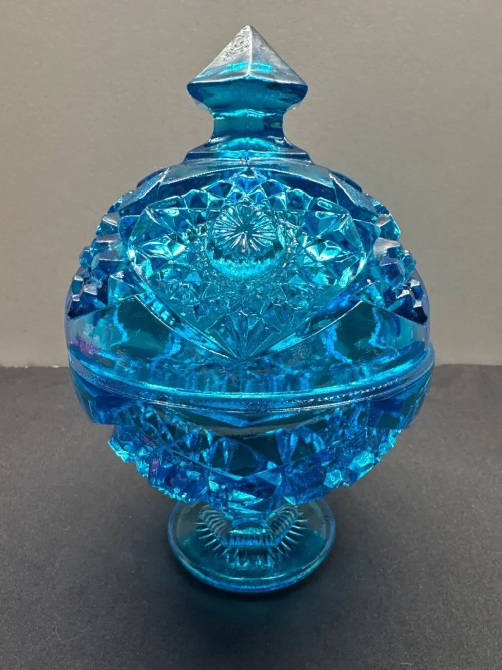 Kemple Glass Aqua Blue Hobstar & Fan Round Pedestal Compote Candy Dish With Lid